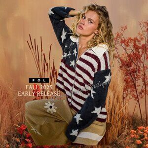 POL Snuggle Up Soft Jacquard American Flag Zip Up Long Sleeve Shacket Top